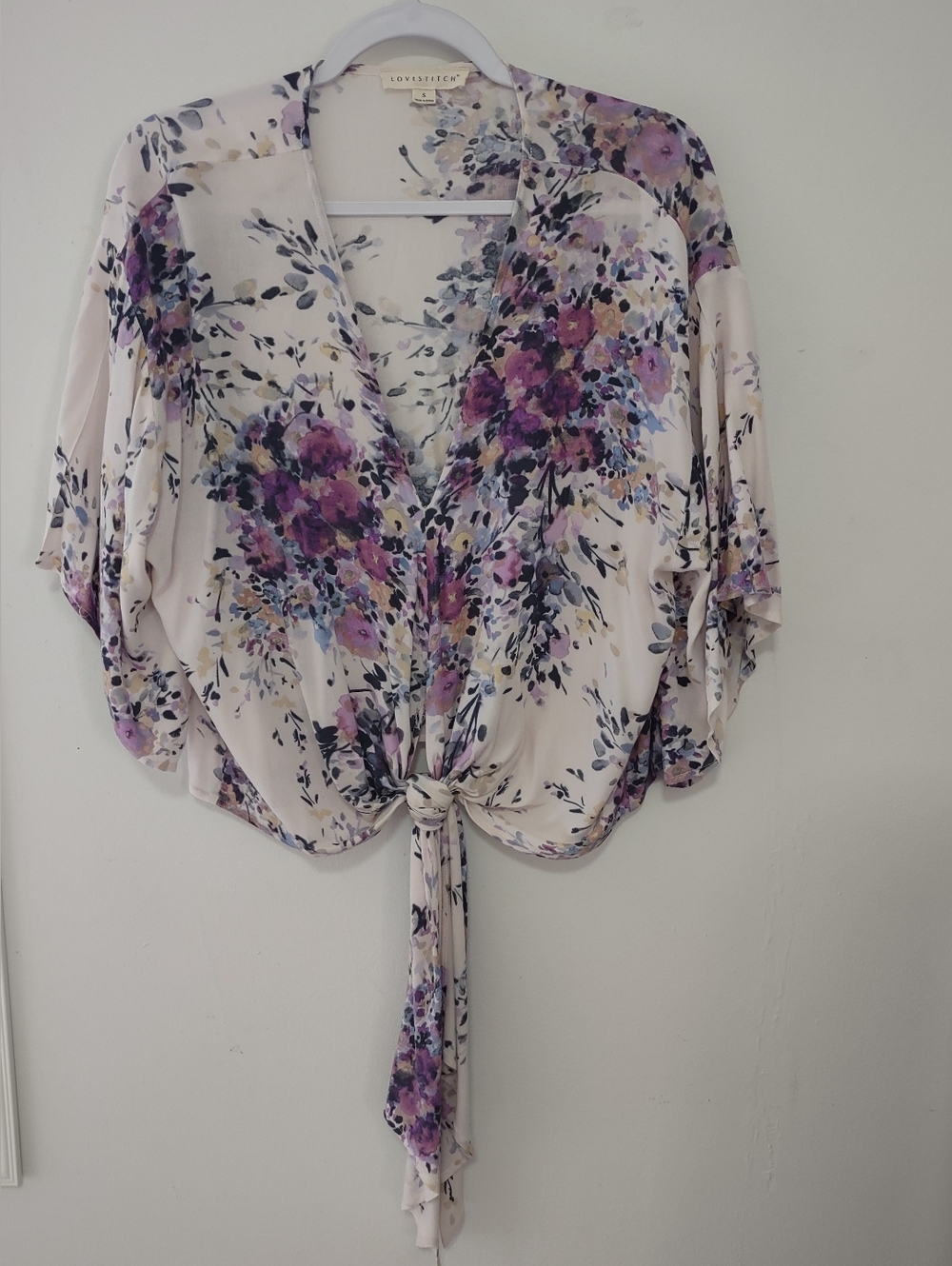 lovestitch Cream Floral Tie-Front Blouse with Purple and Pink Blooms Small
